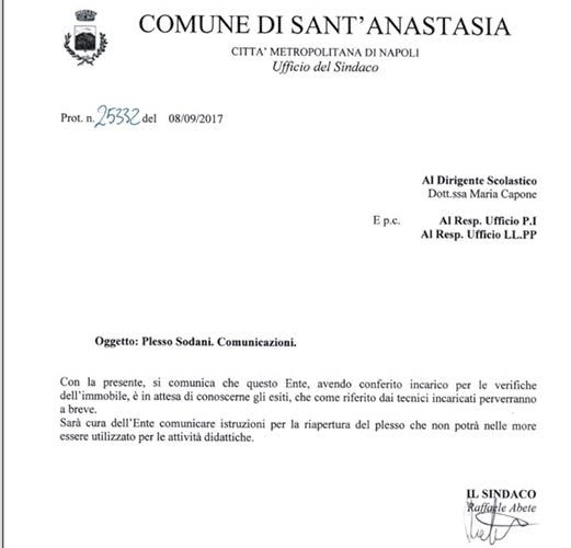 chiusura plesso Sodani - comunicazione del sindaco Lello Abete